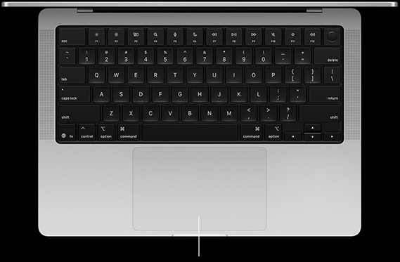 Κάτοψη ενός ανοικτού MacBook Pro 14 ιντσών που δείχνει το Force Touch trackpad κάτω από το πληκτρολόγιο