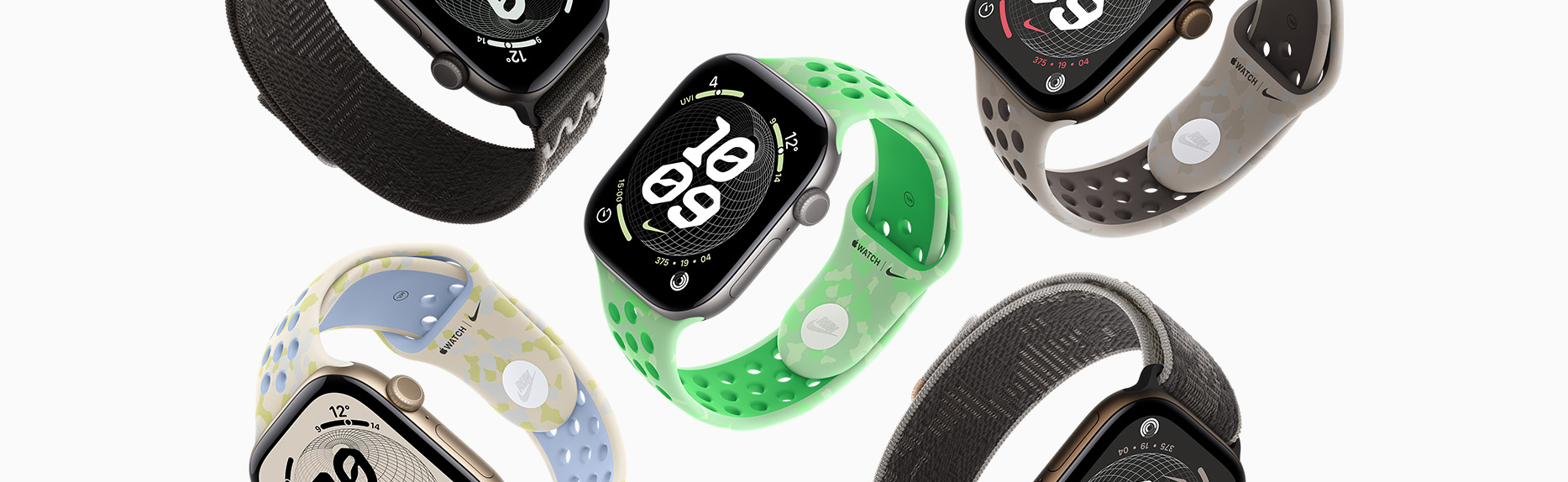 多隻 Apple Watch 裝置,展示不同 Nike 錶帶和 Nike 錶面