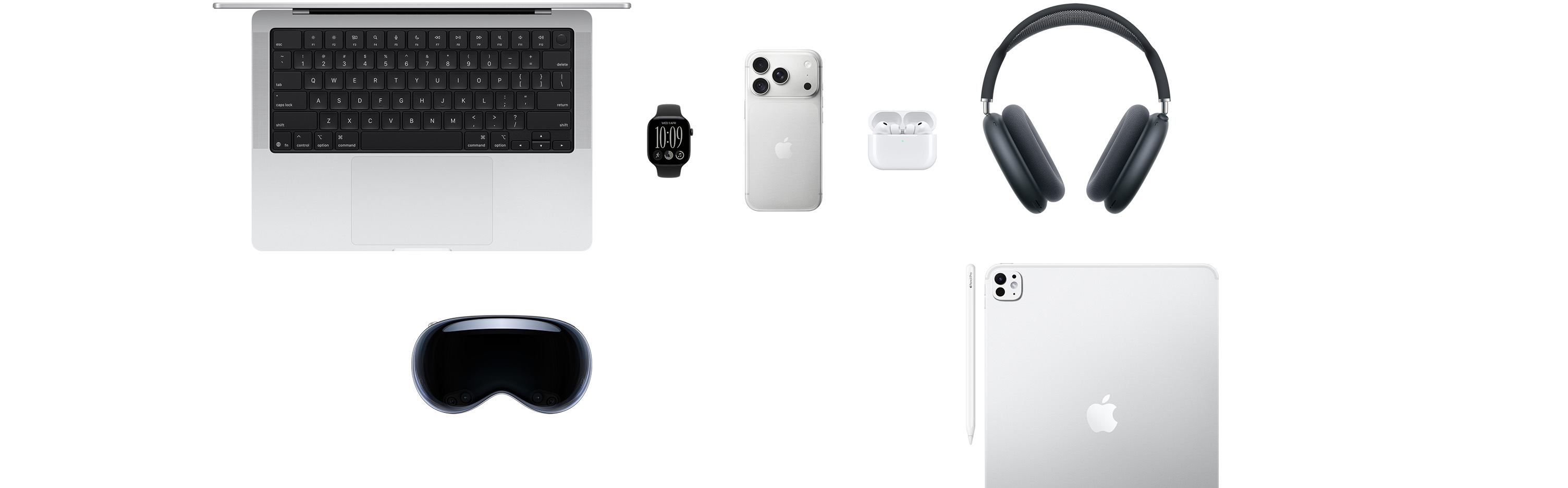 多款 Apple 產品展現眼前，包括 MacBook、Apple Watch Series 11、iPhone 18 Pro、AirPods Pro 3、AirPods Max 2、Apple Vision Pro、Apple Pencil Pro 和 iPad Pro