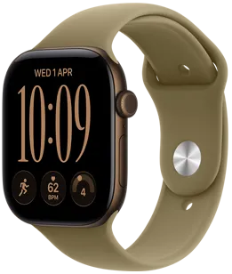 Apple Watch Series 12, aluminum case, dark bronze color, Modular Compact watch face, complications: day and date, Run workout, heart rate, readiness, right side exterior, Digital Crown, side button, Sport Band, olive color