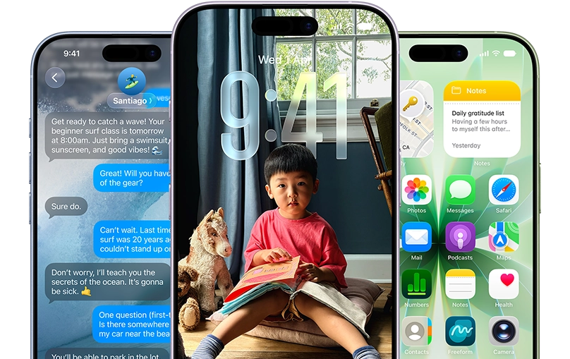 Three iPhone 17 devices. Each displays either a Messages screen, lock screen, or home screen