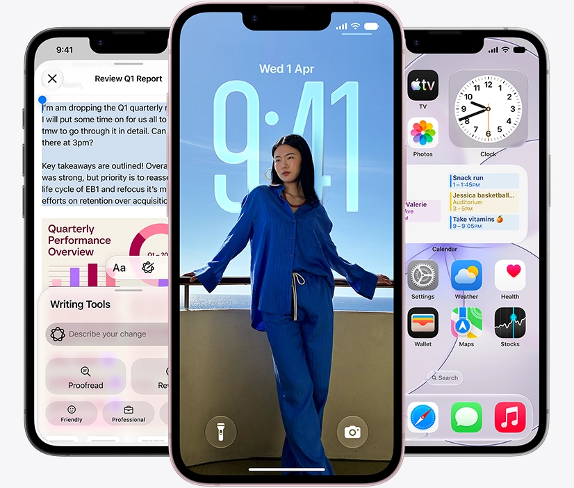 Three iPhone 17e devices, the left screen showing Apple Intelligence Writing Tools interface, with highlighted text in Quarterly Report document, center screen showing the lock screen with a portrait of a person in matching blue two-piece outfit, leaning against a railing, calendar and time apps behind them, right screen shows a iMessage conversation about dinner plans