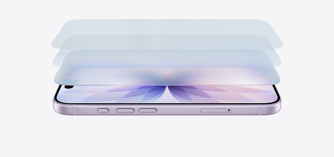 iPhone 17 horizontal on its side in lavender finish, with a layered design showcasing Ceramic Shield 2