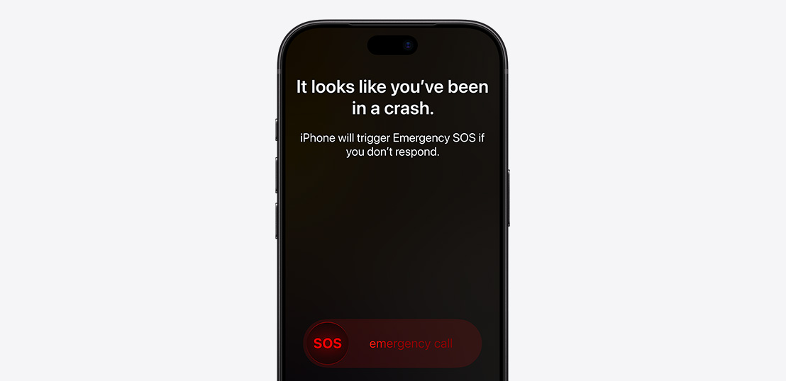 The Crash Detection screen saying 'It looks like you've been in a crash. iPhone will trigger Emergency SOS if you don't respond'