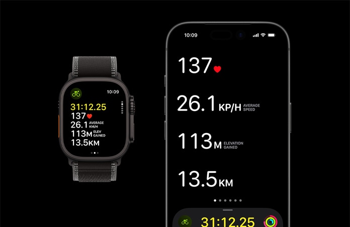 Apple Watch Ultra 3, crna boja, kućište od titanija, narukvica Trail, crna/ugljen boja, iPhone, aktivna mjerenja treninga otvorena na oba uređaja