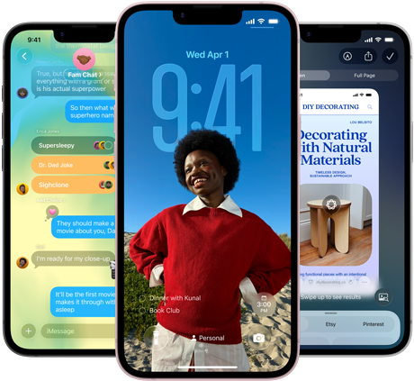 Tri uređaja iPhone 17e, prikazana je aplikacija Poruke s dizajnom Liquid Glass, dinamični Zaključani zaslon i Vizualna inteligencija u upotrebi