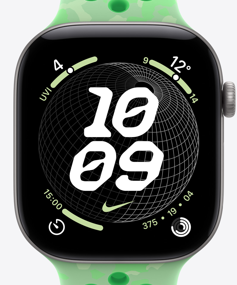 Nike Globe számlap, pontos idő, Nike Swoosh logó, komplikációk: UV-index, időjárás, időzítő, Tevékenységgyűrűk