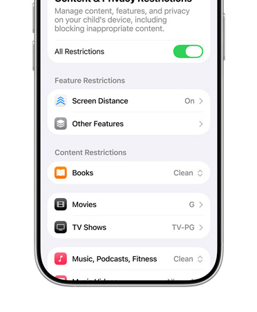 A Gyermekfiókkal kapcsolatos tartalom- és adatvédelmi korlátozásokat megjelenítő iPhone-képernyő.