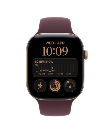 Apple Watch Series 12, a kijelzőn a Pulzusszám app, egészség- és fitneszikonok, világos aranyszínű alumíniumtok, bordó sportszíj