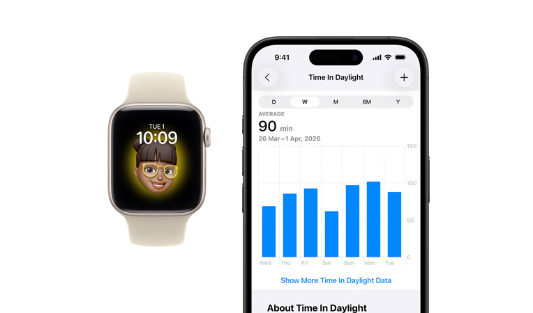 Apple Watch SE 3 csillagfény alumíniumtokkal, Memoji számlap, iPhone, Egészség megosztása lap a napfényben töltött idővel