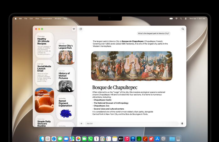 ( IMG ) Egy 14 hüvelykes asztrofekete MacBook Pro kijelzőjén a Siri appban egy aktív Siri AI-beszélgetés mellett több korábbi beszélgetés is megjelenik az oldalsávon.