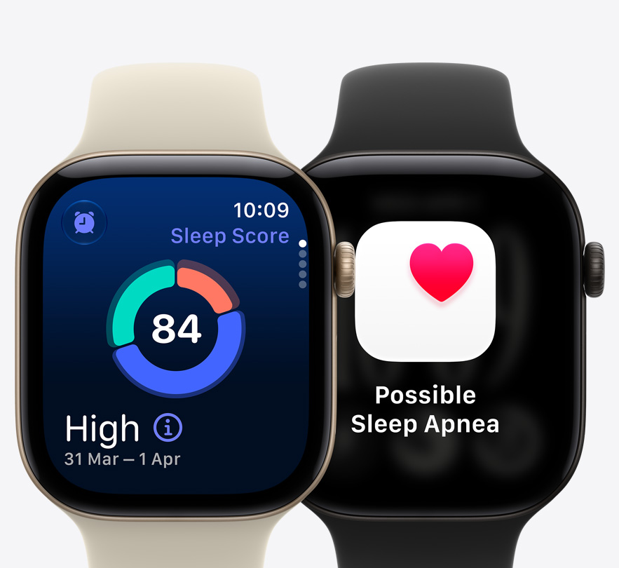 Apple Watch Series 12 órák, az alvási pontszám képernyője és lehetséges alvási apnoéval kapcsolatos értesítés