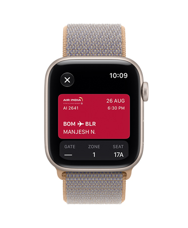Apple Watch SE 3, aluminium case, midnight colour, Apple Pay in Apple Wallet, right side exterior, Digital Crown, strap, Sport Loop, anchor blue colour