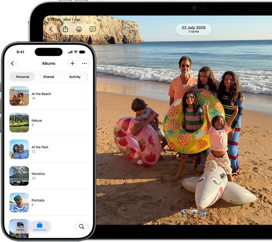 iPhone screen showing a list of photo albums in the Personal tab of Albums, an iPad screen showing a full-screen photo of a family at the beach