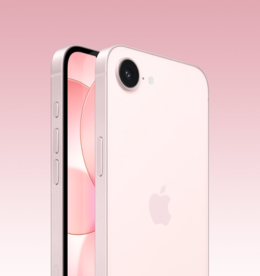 Front and back of iPhone 17e in soft pink, partial front screen, full back with Apple logo and single camera, side shows Action, volume and side buttons.