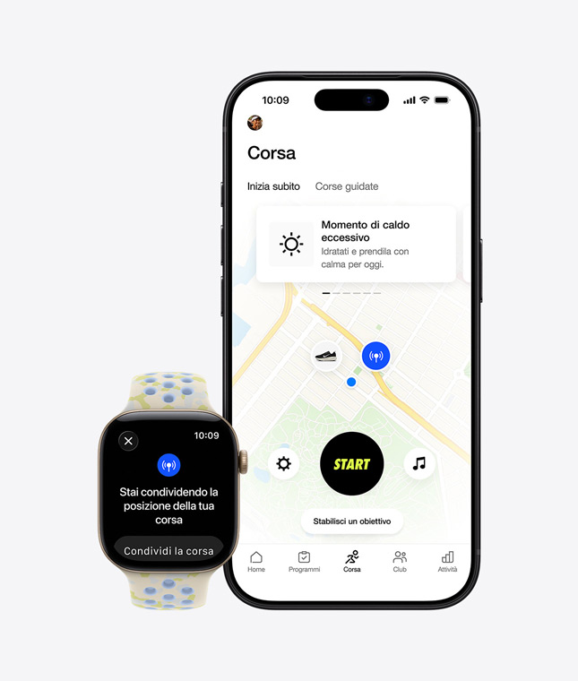 Apple Watch Series 12, cassa in alluminio color oro chiaro, cinturino Nike Sport Loop color pavement grey (grigio scuro con motivo intrecciato grigio medio e dettagli rossi), condivisione della posizione sullo schermo, iPhone 18 Pro, l’app Nike Run Club traccia il percorso di un allenamento di corsa outdoor sulla mappa