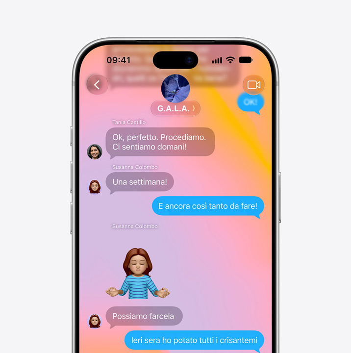 iPhone screen open to Messages app. Screen shows text conversation between two people that includes a Memoji.