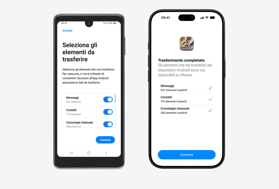 Android device on left, iPhone on right. Android device displays the Move to iOS App, with Select Items to Transfer heading and Messages, Contacts, and Call History Selected. iPhone screen shows Transfer Complete.