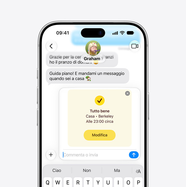 iPhone screen showing Messages thread with Check In feature in use