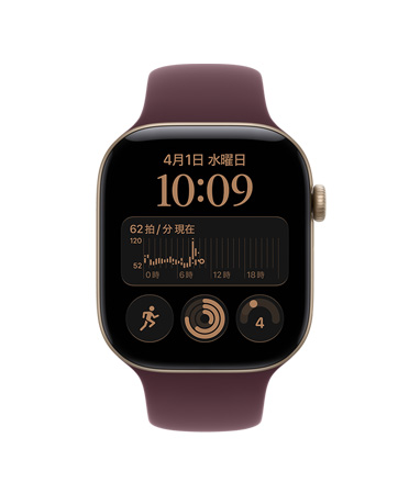 ライトゴールドアルミニウムケースのApple Watch Series 12。画面に心拍数アプリと健康とフィットネスのアイコンが表示されている。スポーツバンド（バーガンディ）とつながれている
