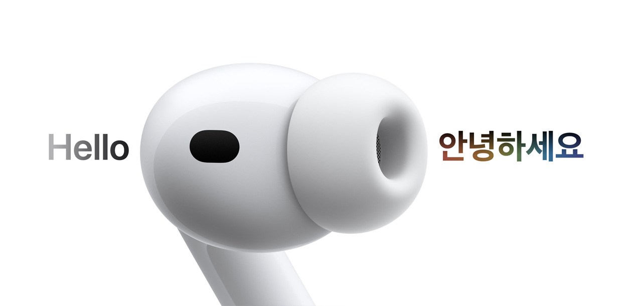 실리콘 팁을 장착한 이어버드가 보이는 AirPods Pro 3, 실시간 번역 기능이 중국어 문자를 한글로 '안녕하세요'로 변환하는 모습