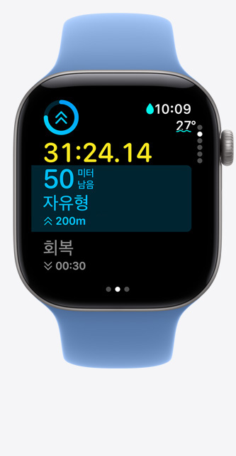 스페이스 그레이 색상 알루미늄 케이스의 Apple Watch Series 12. '운동' 화면에 수영(수영장) 관련 수치가 표시되어 있고 와일드플라워 블루 색상 스포츠 밴드를 장착