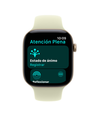 Apple Watch Series 11, caja de aluminio, color oro rosa, app Atención Plena abierta, parte lateral derecha: Digital Crown, correa deportiva rosa rubor