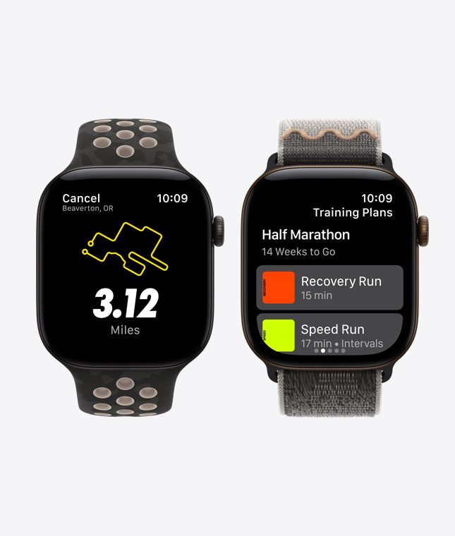 Apple Watch Series 12 devices, aluminum cases, black color, screens: Nike Run Club app, Guided Runs, Training Plans features, bands: Nike Sport Band, after dark black color, Nike Sport Loop, after dark black color
