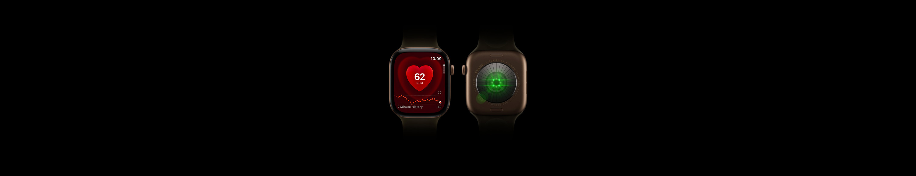 Deux Apple Watch Series 12, boîtier en aluminium, finition bronze sombre, Bracelet Sport olive, l’une est vue de face avec l’app Fréquence cardiaque à l’écran, l’autre est vue de dos, révélant le Système de suivi de santé et l’éclat de ses LED vertes