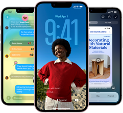 Trīs iPhone 17e, kuru ekrānos darbojas Messages aplikācija ar Liquid Glass dizainu, dinamisks bloķēšanas ekrāns un vizuālā intelekta funkcija