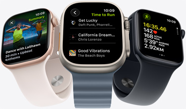 Apple Watch screen featuring a Fitness+ playlist including songs by The Weeknd, Skrillex, Justin Bieber, and Shawn Mendes