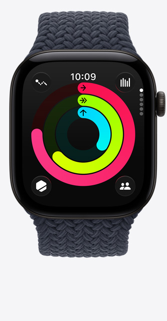 ساعة Apple Watch Series 12، إطار ألومنيوم، لون أسود، حلقات النشاط: الحركة، التمرين، الوقوف، التاج الرقمي، حزام Loop أحادي مَجدول، لون كحلي