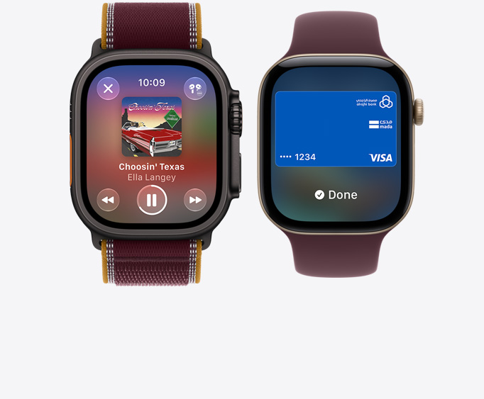 Apple Watch Ultra 4, titanium case, black color, Apple Music app, now playing screen, Trail Loop band, burgundy color; Apple Watch Series 12, aluminum case, light gold color, Apple Pay screen, Sport Loop band, burgundy color
