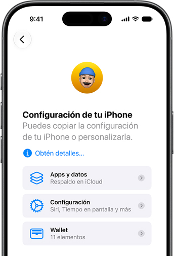 Pantalla que muestra la configuración de un nuevo iPhone con la Restauración en iCloud