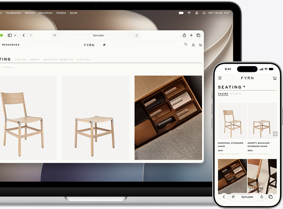 Pantallas de una MacBook y un iPhone que muestran la misma página de Safari en ambos dispositivos