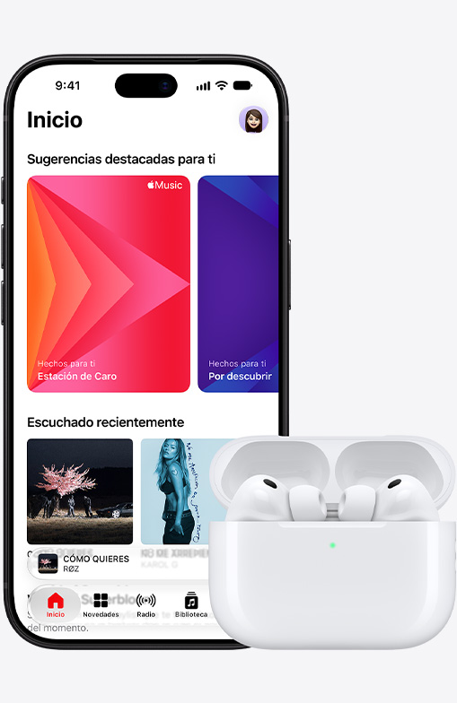 iPhone 18 Pro, front exterior, Apple Music homescreen displayed on screen, next to Airpods Pro 3 in open MagSafe Charging Case