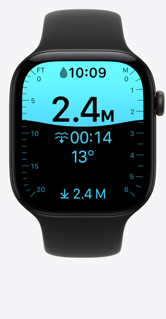 Apple Watch Series 12, caja de aluminio, color negro, pantalla de la app Profundidad, inmersión a 2.4 metros, correa deportiva, color negro