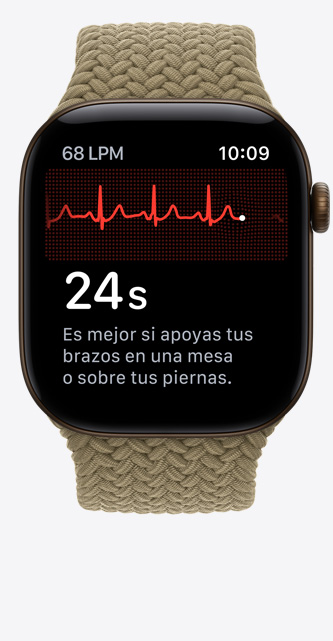 Apple Watch Series 12, caja de aluminio, color bronce oscuro, app ECG, línea de ritmo cardiaco y temporizador, correa loop deportiva trenzada, color oliva