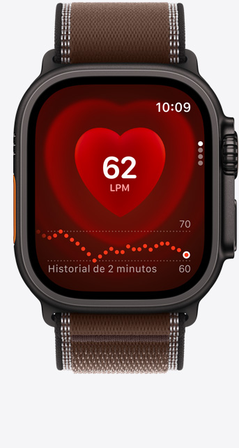 Apple Watch Ultra 4, caja de titanio, color negro, app Frecuencia Cardiaca, medición actual de latidos por minuto, correa Trail, color ocre oscuro (café)