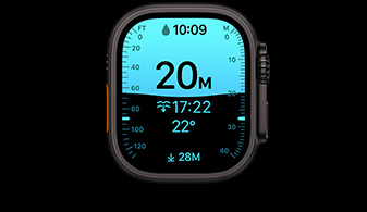 Apple Watch Ultra 4, titanium case, black colour, Depth app showing diving metrics, right side exterior, Digital Crown, raised side button