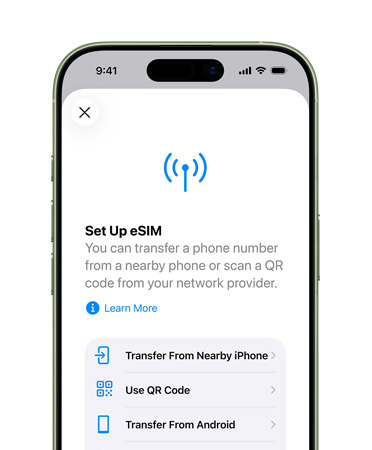 iPhone 17, front exterior, using the Set Up Mobile Data feature to easily transfer a phone number with eSIM