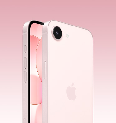  ront and back of iPhone 17e in soft pink, partial front screen, full back with Apple logo and single camera, side shows Action, volume and side buttons.