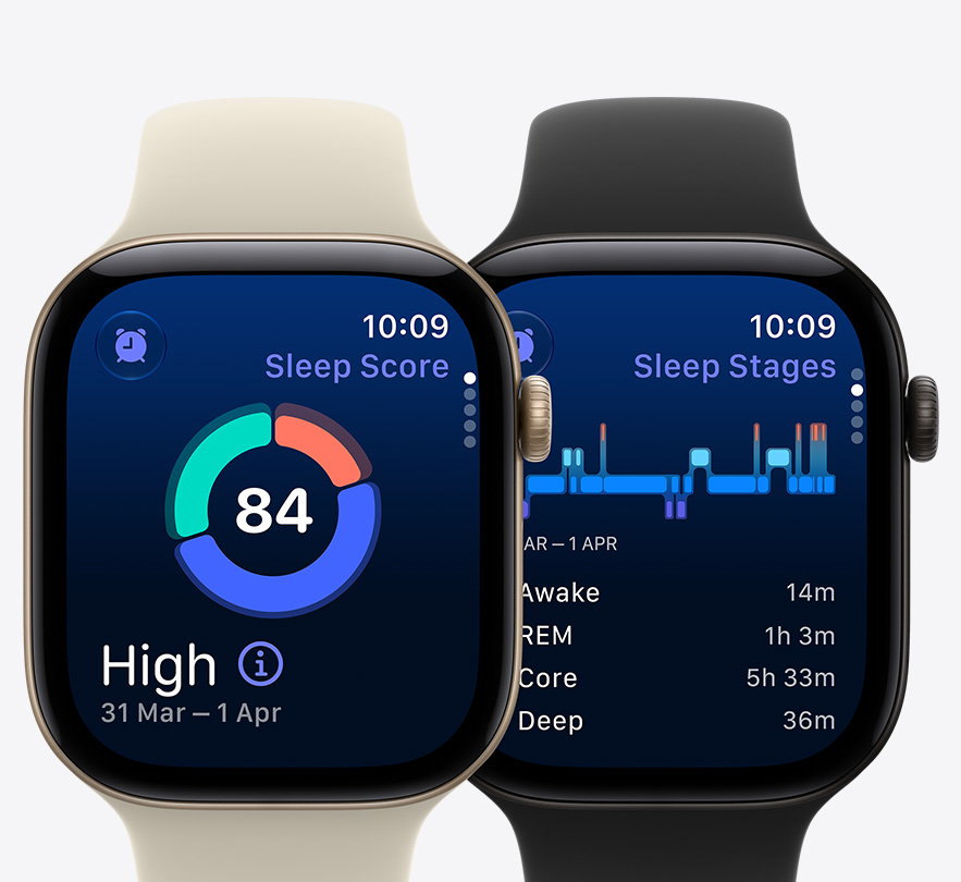 Apple Watch Series 12 devices, sleep score screen, possible sleep apnoea notification screen