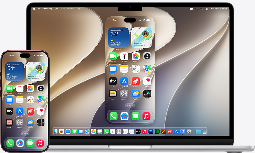 iPhone and MacBook models shown side by side showcasing mirror effect on MacBook, display shows generic wallpaper