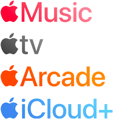 Logo usług subskrypcji Apple, w tym Apple Music, Apple TV, Apple Arcade, iCloud+