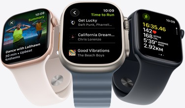 Apple Watch screen featuring a Fitness+ playlist including songs by The Weeknd, Skrillex, Justin Bieber and Shawn Mendes