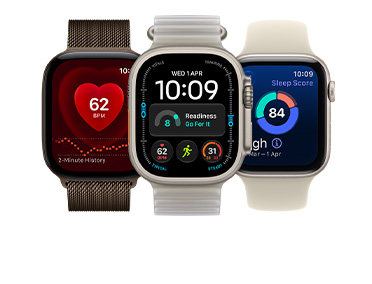 Three Apple Watch devices: Apple Watch Series 12, aluminum case, dark bronze color, Heart Rate app, dark bronze color Milanese Loop band, Apple Watch Ultra 4, titanium case, natural color, Modular watch face with readiness, heart rate, Workouts, and UV Index complications, right side exterior, Digital Crown, raised side button, translucent kelp color Ocean Band, Apple Watch SE 3, aluminum case, starlight color, sleep score, right side exterior, Digital Crown, sand color Sport Bands