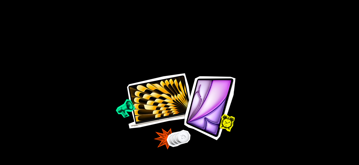 MacBook Air, in Starlight, displaying a yellow-and-black pattern on screen, megaphone emoji sticker, AirTags 4 pack, firecracker emoji sticker, iPad Air models in multiple colours, stacked vertically, clock emoji sticker