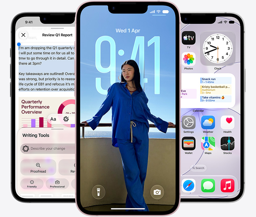 Three iPhone 17e devices, the left screen showing Apple Intelligence Writing Tools interface, with highlighted text in Quarterly Report document, center screen showing the lock screen with a portrait of a person in matching blue two-piece outfit, leaning against a railing, calendar and time apps behind them, right screen shows a iMessage conversation about dinner plans