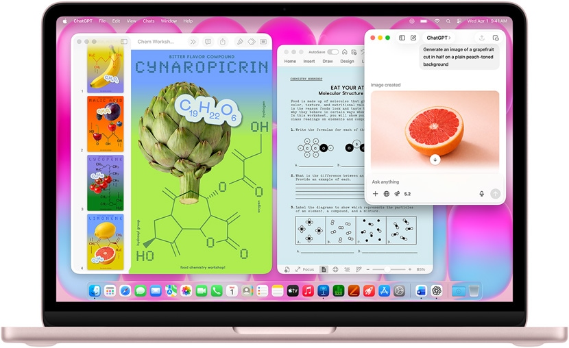 MacBook Neo, rumencová farba. Na obrazovke ChatGPT generuje obrázok grapefruitu. Na ďalších oknách vidno dokument v apke Keynote o molekulách s obrázkami ovocia a zeleniny a súvisiacimi molekulárnymi zlúčeninami a súvisiaci dokument v apke Microsoft Word.